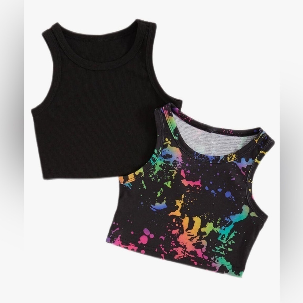 NEW Girls Black and Ink Splatter Knit Crop Top Set of Two